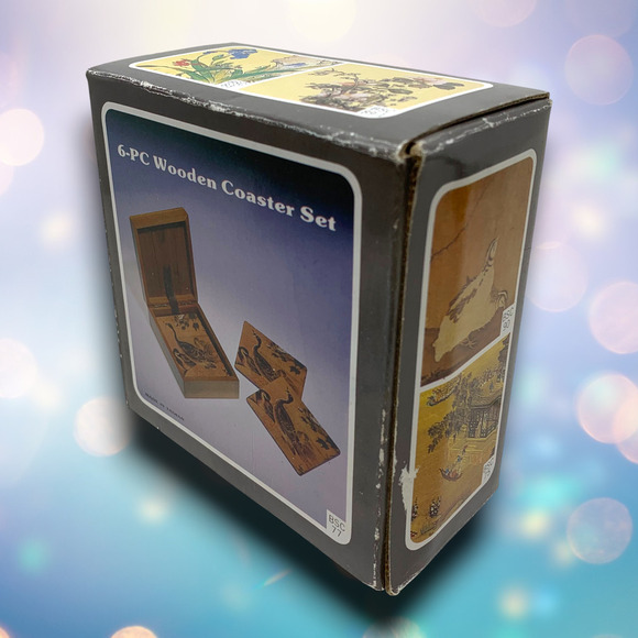 Vintage NEW Wooden 6 Coaster Set Morning Glory Floral Wooden Box Holder NOS - Picture 6 of 6